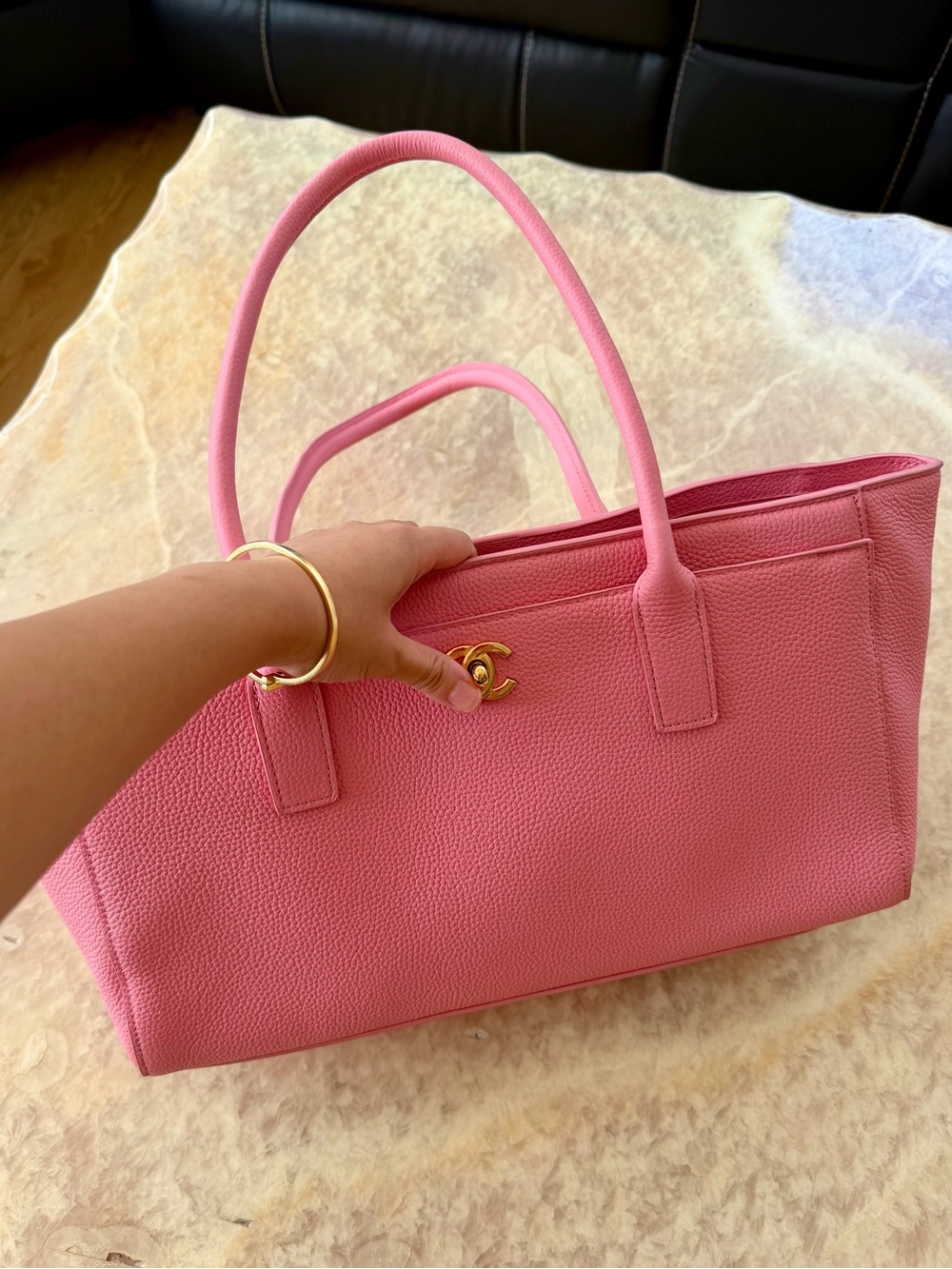 Pink Pebbled Leather Shoulder Tote Bag